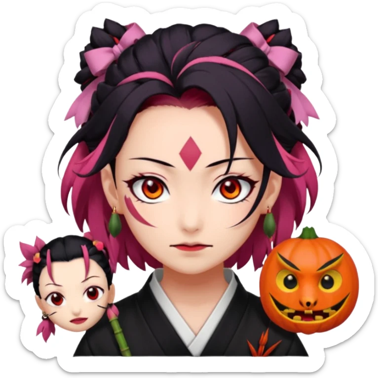 tanjiro: Kind red eyes, black hair with burgundy tips, forehead scar, tanned skin, Hanafuda earrings.                             nezuko:   Pink eyes, black-orange hair, fangs, bamboo muzzle. sticker