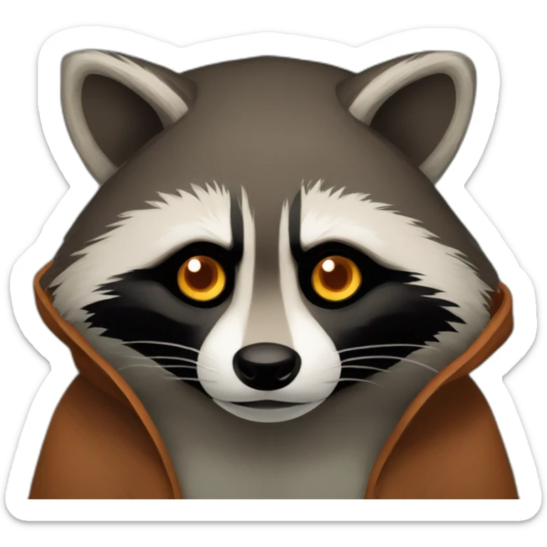 brown raccoon with orange eyes and a dark green hood that is sad sticker