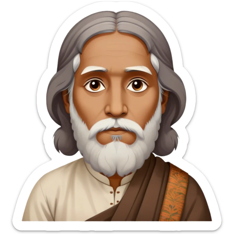 Rabindranath Tagore – Cinematic Realistic Portrait of Rabindranath Tagore, depicted with thoughtful, soulful eyes and gentle features, dressed in traditional Bengali attire with subtle artistic motifs, bathed in warm, soft lighting that evokes his poetic genius and timeless wisdom. sticker