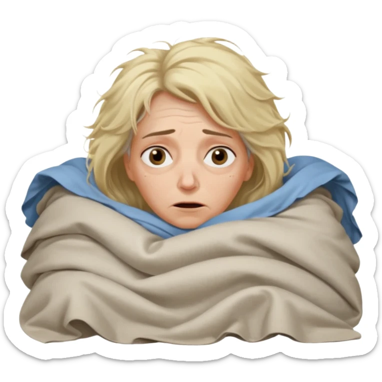 A 55-year-old woman lying in bed, unable to sleep. She looks exhausted and desperate, with visible dark circles under her eyes, tired facial expression. She is under the blankets, staring at the ceiling.  sticker