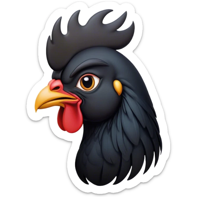 Cinematic Noble Black Rooster Portrait Emoji, Poised and regal, with a robust, commanding build and a sleek, well-groomed pure black plumage, deep-set soulful piercing eyes, Simplified yet sharp and sophisticated features, highly detailed, glowing with a soft, dignified glow, high shine, intelligent and proud, stylized with an air of mysterious majesty, focused and attentive, soft glowing outline, capturing the essence of a watchful and confident leader, so majestic it feels as though it could crow out of the screen with effortless authority! sticker