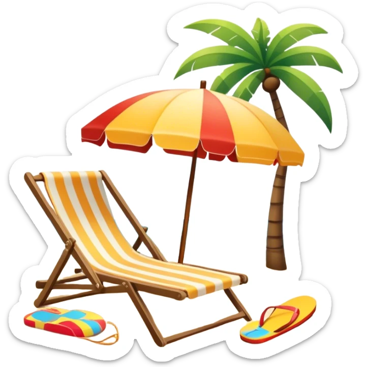 Icon for Beach Tourism: a sunny beach with the sea and waves, a lounge chair, a sun umbrella, and flip-flops on the sandy shore. The background should be a clear, vibrant ocean view with the sun shining brightly. Transparent background. sticker