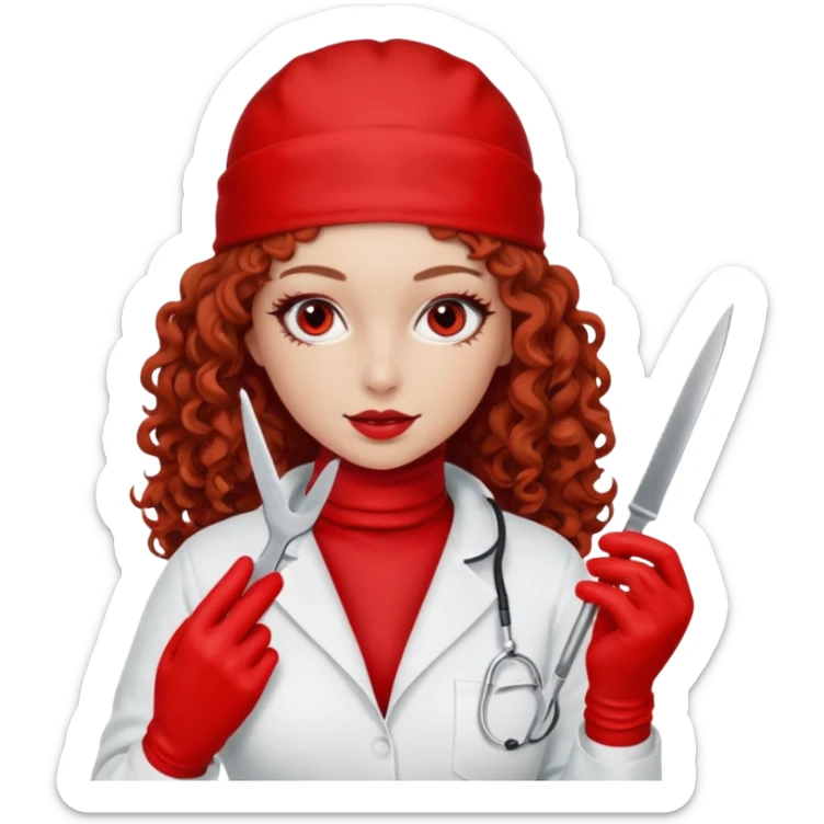 Scary woman scalpel in hand, evil surgeon sexy surgeon clothes.  She has red eyes. Her  brown long curly hair. Wears sexy doctor outfit with red gloves. make her wear red ski mask  to hide. Wears white surge9n jcketneb sticker