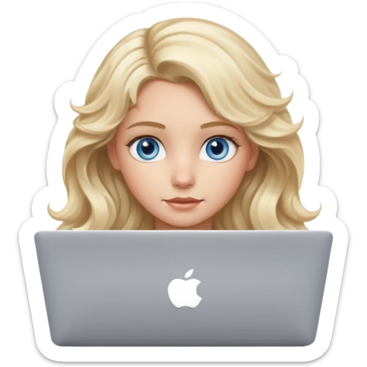blond girl, blue eyes, hair wavy, , behind her silver colored laptop from apple, she looks straight infront of her, looks a bit taller sticker