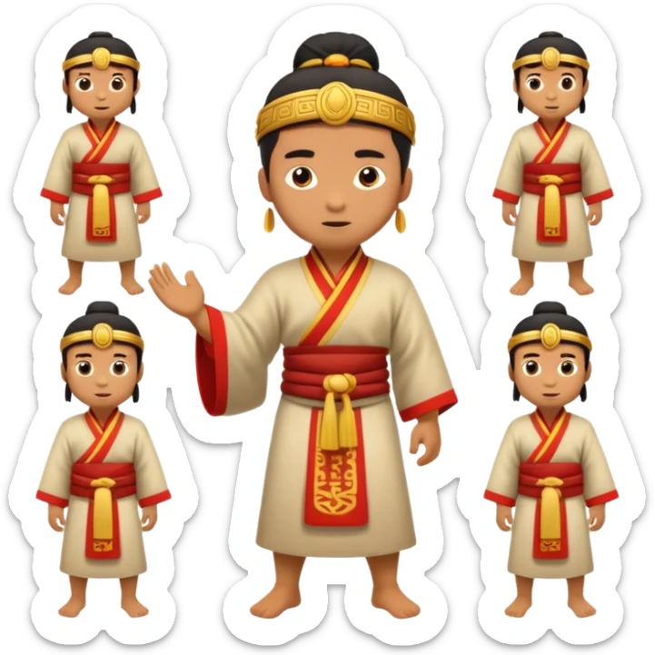 create an emoji set of a cartoonish full body character from china from 2000 BC doing 16 verbs or emotions sticker