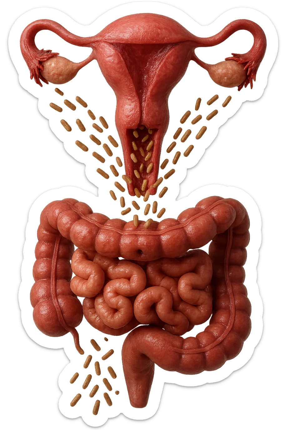 UTERO UMANO E INTESTINO ANATOMICI REALISTICI SONO UNO SOPRA ALL'ALTRO E SI PASSANO I BATTERI A VICENDA, CON BATTERI CHE ESCONO DALL'INTERNO, IPERREALISTICO 4K, NON DISEGNATO sticker