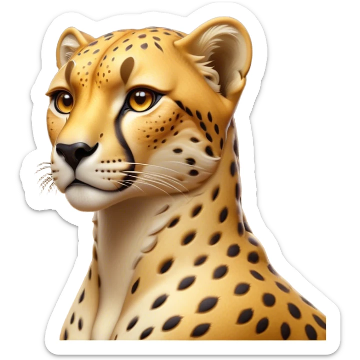 Cinematic Noble Cheetah Portrait Emoji, Poised and regal, with a lean, muscular build and a sleek, spotted Fur of golden hues, deep-set soulful amber eyes, Simplified yet sharp and sophisticated features, highly detailed, glowing with a warm, dignified glow, high shine, intelligent and swift, stylized with an air of wild elegance, focused and attentive, soft glowing outline, capturing the essence of a watchful and confident predator, so majestic it feels as though it could sprint out of the screen with effortless authority! sticker