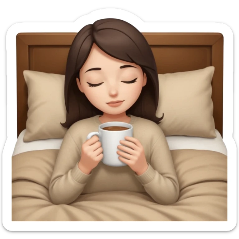 brunette girl with closed eyes lies on bed with brown bed linen in beige sweater and holds mug close sticker