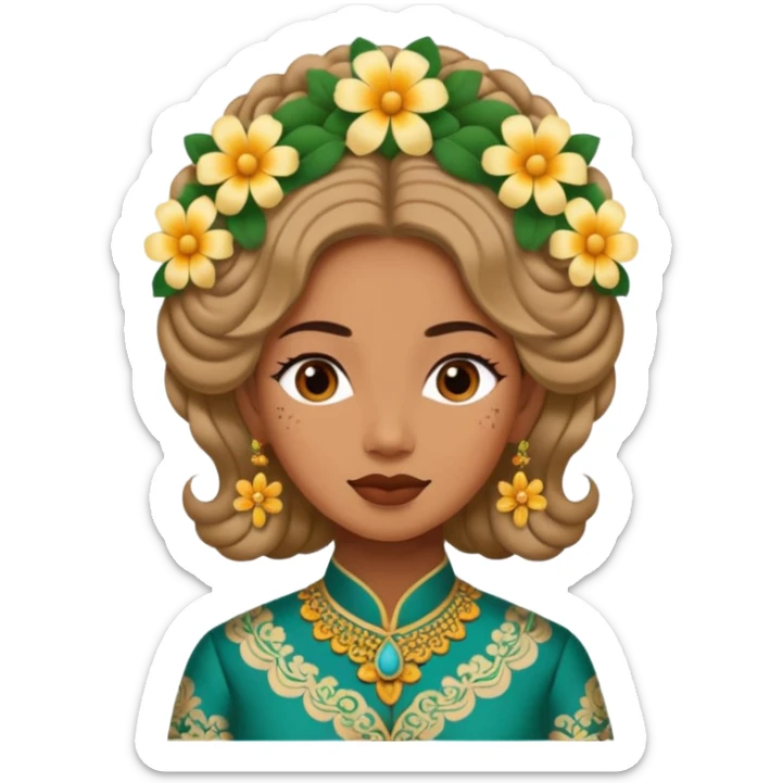 women with tan skin, wearing traditional Javanese hair with bouncy flowers, and wearing paes sticker