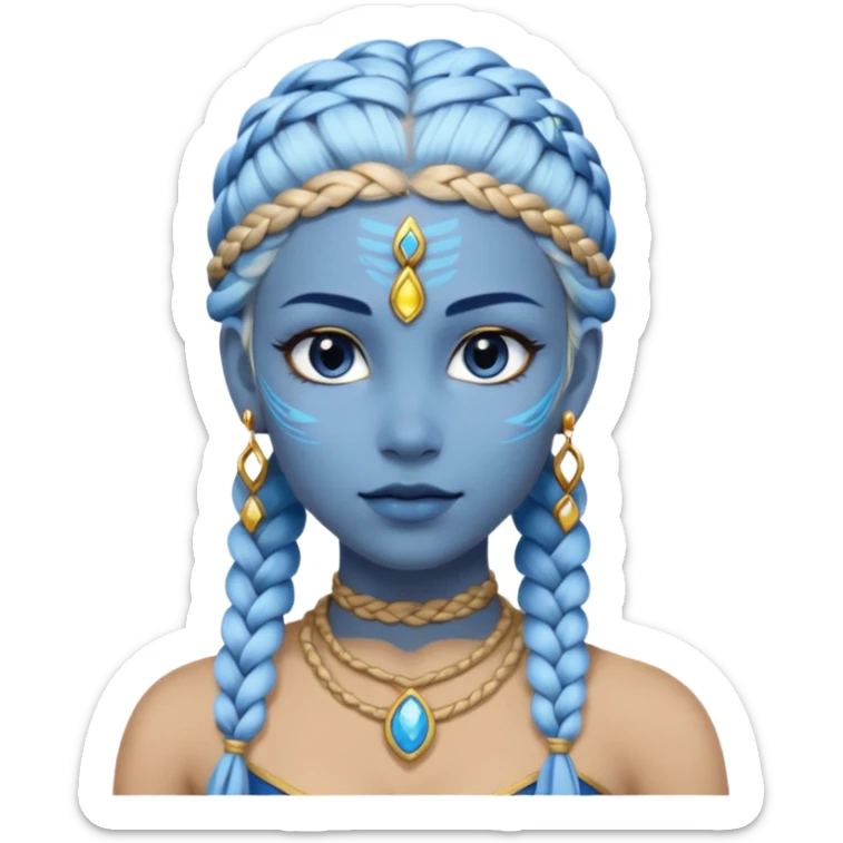 Draw a Na’vi female with glowing blue skin, white forehead markings, braided hair, gold earrings & a calm gaze. sticker