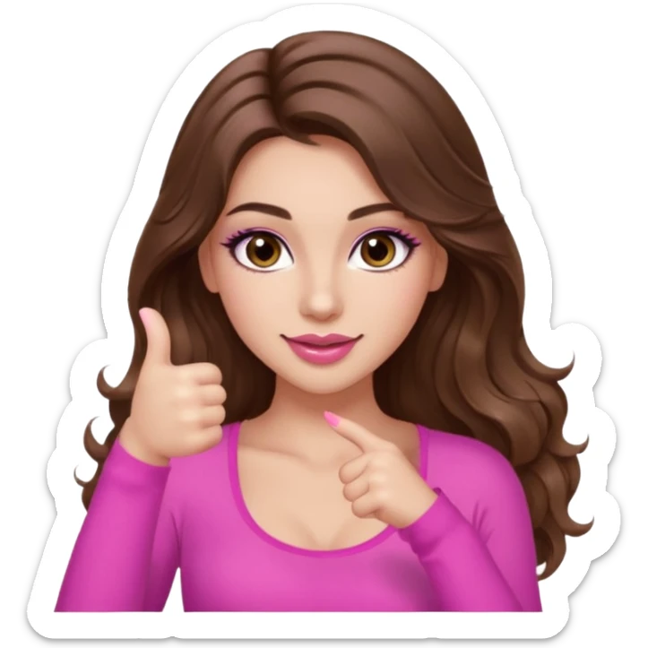 girl with long wavy brown hair, brown eyes, long lashes makeup, sexy pink lips, light to medium complexion, wearing a pink sexy top, thumbs up sticker