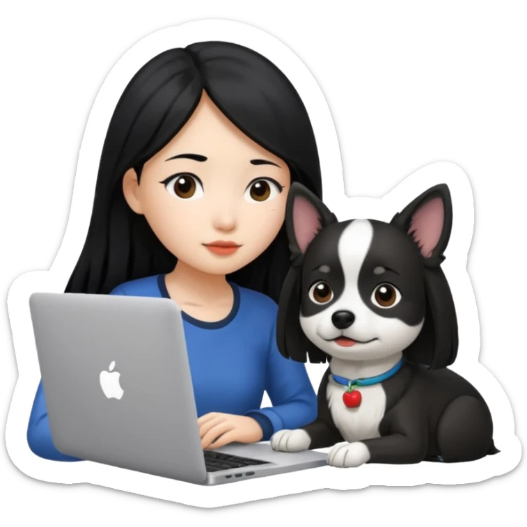 Asian girl with long black hair working on an Apple laptop, next to her is a small black and white dog with no collar on  sticker