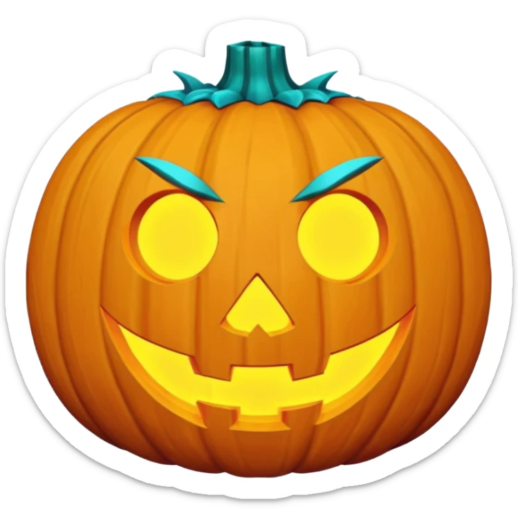futuristic glowing jack-o-lantern emoji face, purple and cyan carved glow, dark background sticker