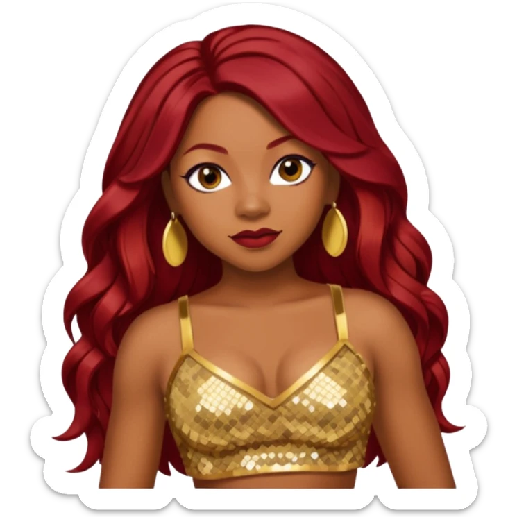 LaTavia Robeson with long dark red hair, gold sequin crop top  sticker
