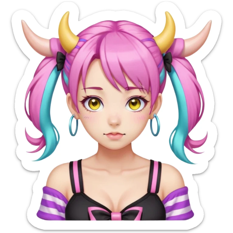 En anime-ku-jente med to rosa lange tykke fletter og cyan striper i håret, horn, og ku-ører, sort BH-topp over en gul cropped-fleece-blouse, lilla øyne, søt sløyfe på halsen  sticker