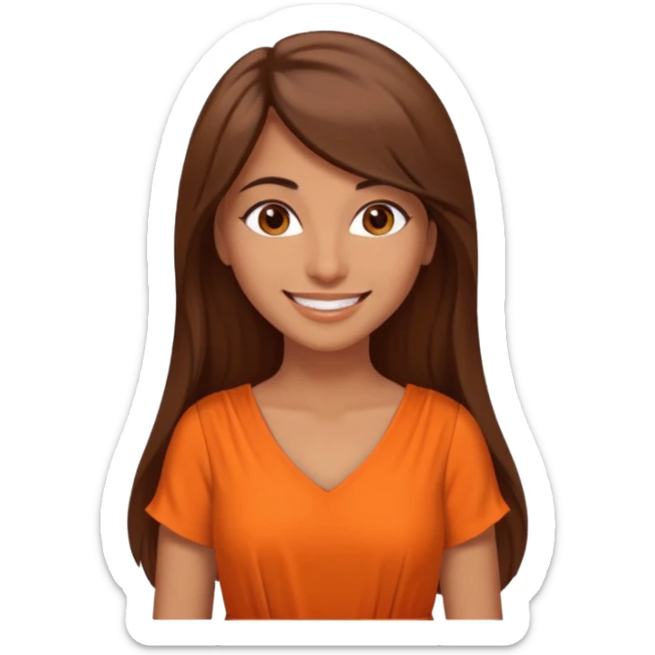 30 yr old middle eastern woman straight brown hair side bangs big smile tanned skin brown eyes orange dress long hair sticker