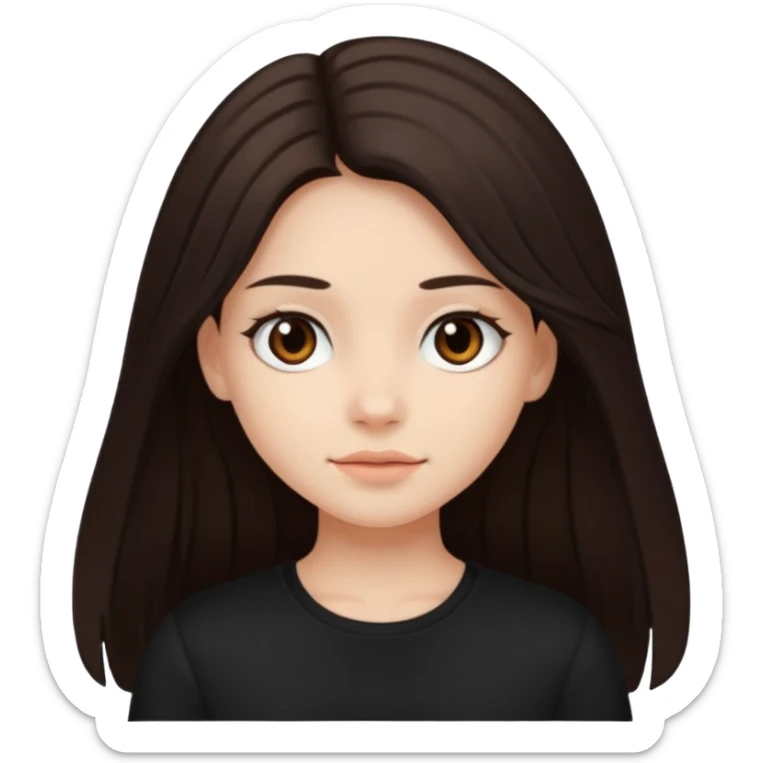 Make an emoji of a girl with dark brown long hair and dark brown eyes wearing a black top sticker