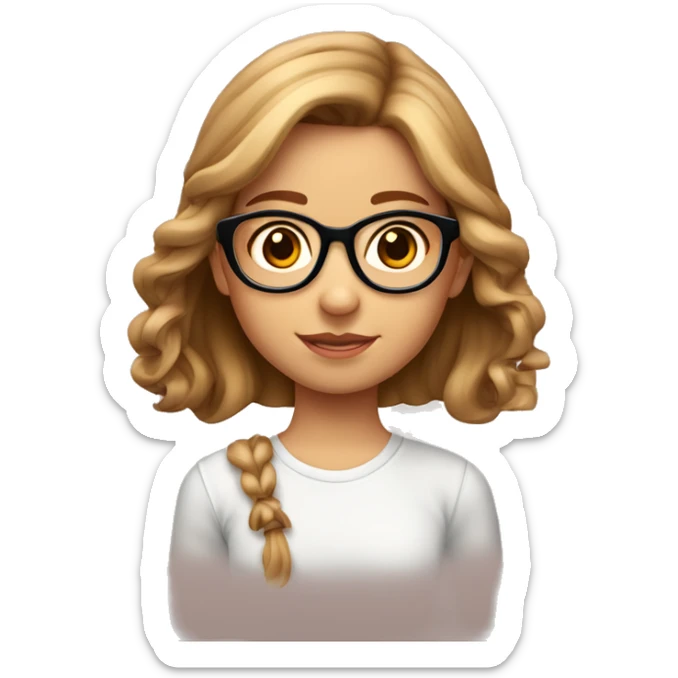 Niña de 13 años, piel blanca, ojos cafes, cabello castaño claro y rubio, lentes rosados, pelo riza sticker