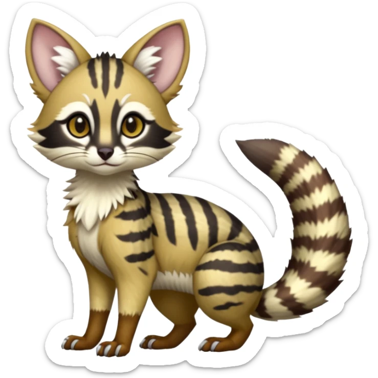 Cute elegant hyper-realistic lifelike furry Civet-Genet-Possum-Serval-Caracal-Sergal-Trico-Numbat-Furret-fusion-Fakemon-hybrid-creature (full body) with long tufted ears and a striped tufted tail  sticker