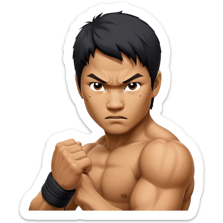 ​Cinematic Realistic Portrait of Tony Jaa, a close-up depiction capturing his intense, determined expression and finely detailed features, rendered with dramatic natural lighting that emphasizes his rugged athleticism and unmistakable martial arts presence, sticker