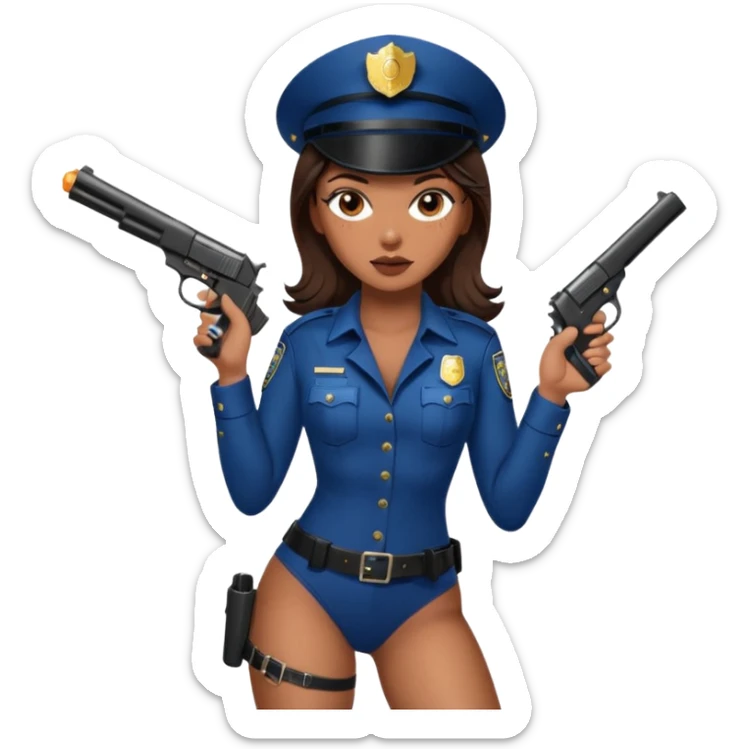 A sexy girl. with caramel skin. Dark brown hair and brown eyes. She has freckles. Wearing sexy makeup. Dressed as a sexy cop. wearing lingerie. Wearing heels. Holding a gun sticker