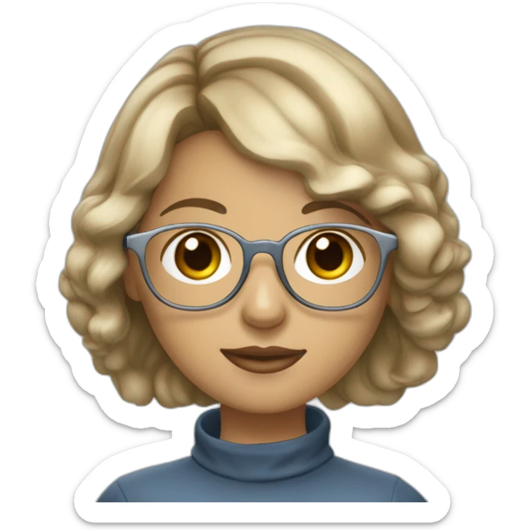 dark-blonde girl with bob wavy hair and blue eyes in glasses silver color glasses holding laptop light skin sticker