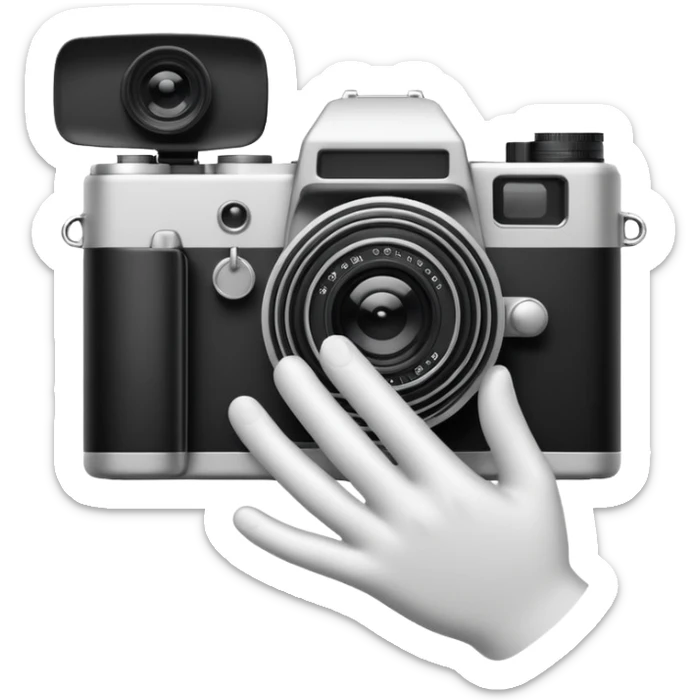 Minimalist emoji-style sticker of a photo camera ejecting a photo, but a hand comes out instead. Black and white, surreal icon. sticker