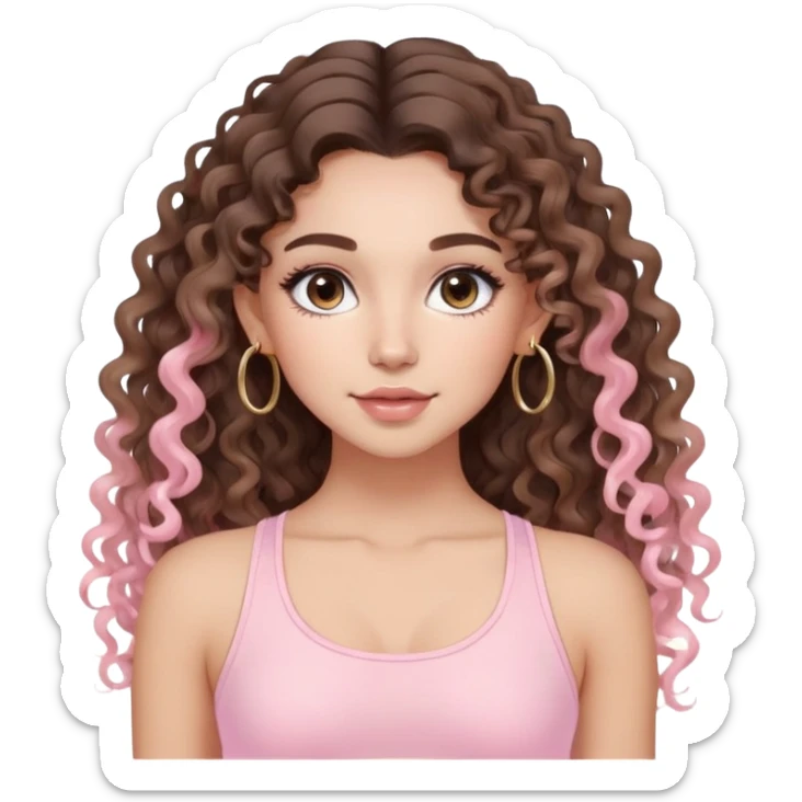 cute balayage brunette long hair curly/wavy haired girl, hoop earrings, clean girl makeup DOING pilates with a cute pastel pink set sticker
