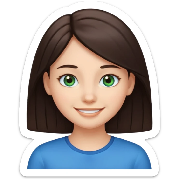 Create a girl with dark brown straight hair and bluey green eyes, cartoon emoji sticker