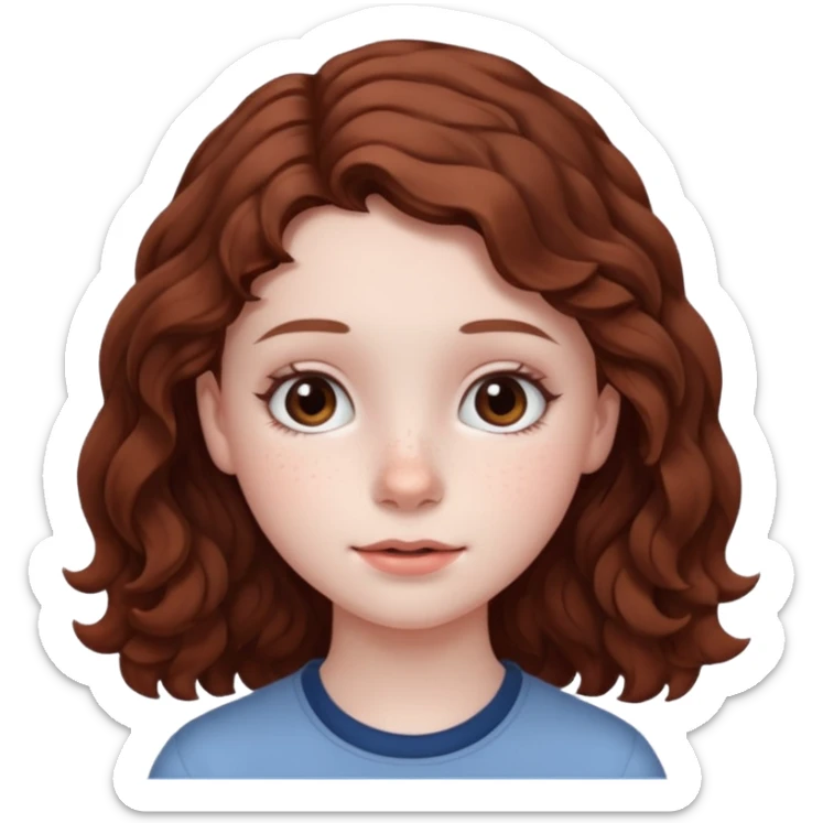 15 year old girl with pale skin, dark freckles, rosy cheeks, and wavy brown hair. sticker