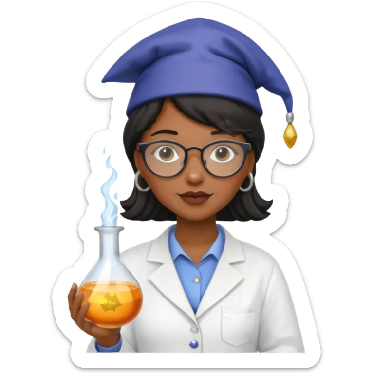black woman scientist with glasses, wearing wizard hat custome, with glass vase sticker