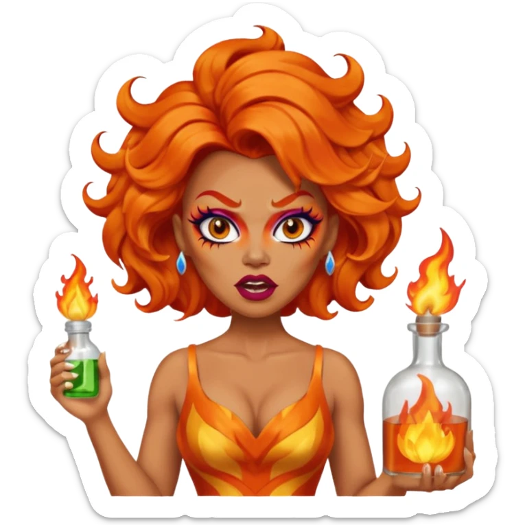 A fierce drag queen emoji with bright orange wavy hair styled with a bottle on top, dramatic makeup, expressive angry face, and an orange flame-themed dress. sticker