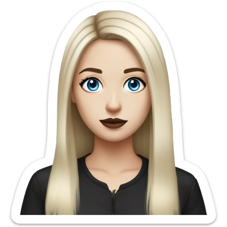 waist-length portrait, look up, Slavic adult woman, goth eyes makeup, blue eyes, medium bob black-to-blonde ombre straight hair, white T-shirt and black office jacket. sticker