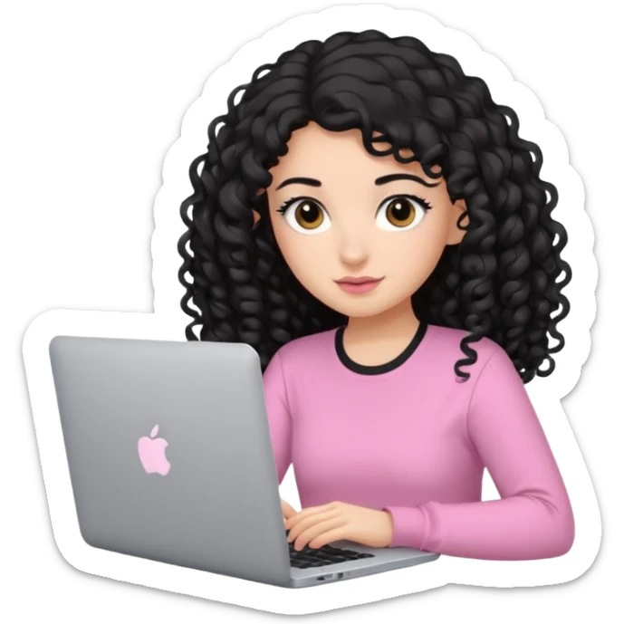 a girl typing mac book with long black curly hair and brown eyes with black eyeliner, pink shirt, social media manager sticker
