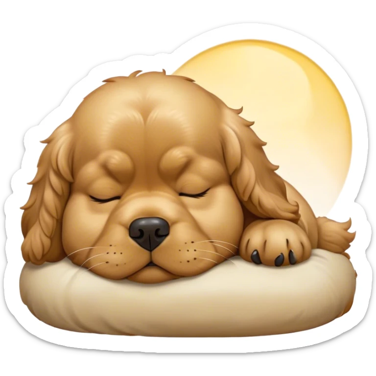 Cinematic Meme-Worthy Chubby Sleeping Gold Cocker Spaniel Portrait Emoji, Head resting peacefully with a contented smile, showcasing a delightfully chubby build and a luxuriously soft golden coat, eyes shut in a serene nap, Simplified yet hilariously adorable features, highly detailed, glowing with a soft, drowsy light, high shine, relaxed and utterly lovable, stylized with an air of playful laziness, bright and heartwarming, soft glowing outline, capturing the essence of a comically sleepy companion, so meme-worthy it feels like it could instantly become the next viral sensation of adorable slumber! sticker