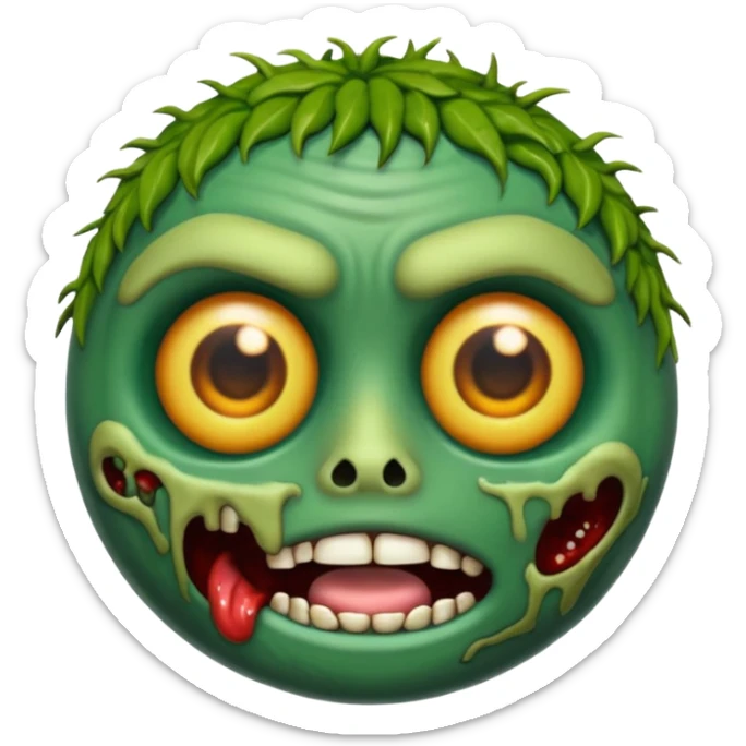 emoji de zumbi realista estilo 3D, pele verde podre, cicatrizes, olhos brilhando, expressão assustadora, fundo transparente sticker