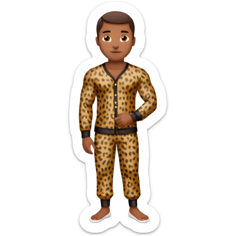 Handsome Black man with brown skin tone, with muscular build, wearing long sleeve leopard print pajamas and white slippers sticker