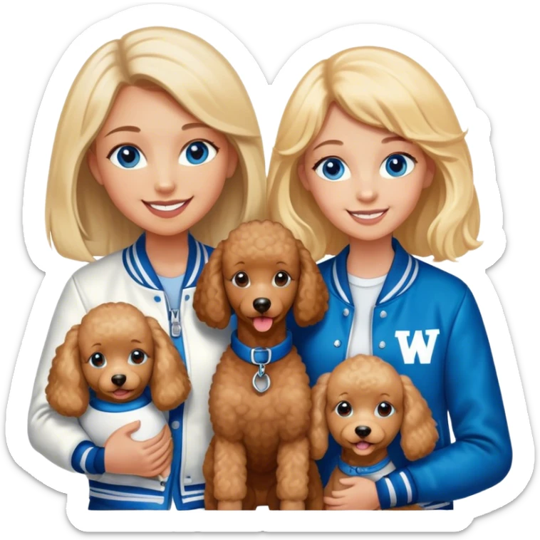 smiling mother in letterman jacket with W and Blue eyes, two Little girls Long blond straight hair and Blue eyes, one brown poodle puppie sticker
