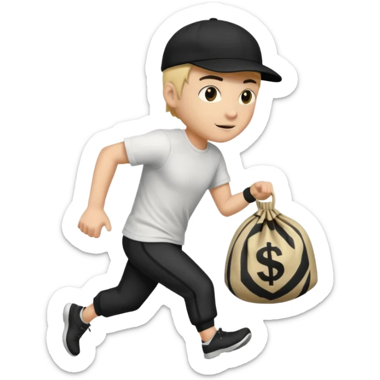 Thief with black cap white t-shirt with black tripes all ower the shirt emoji runing with money bag sticker
