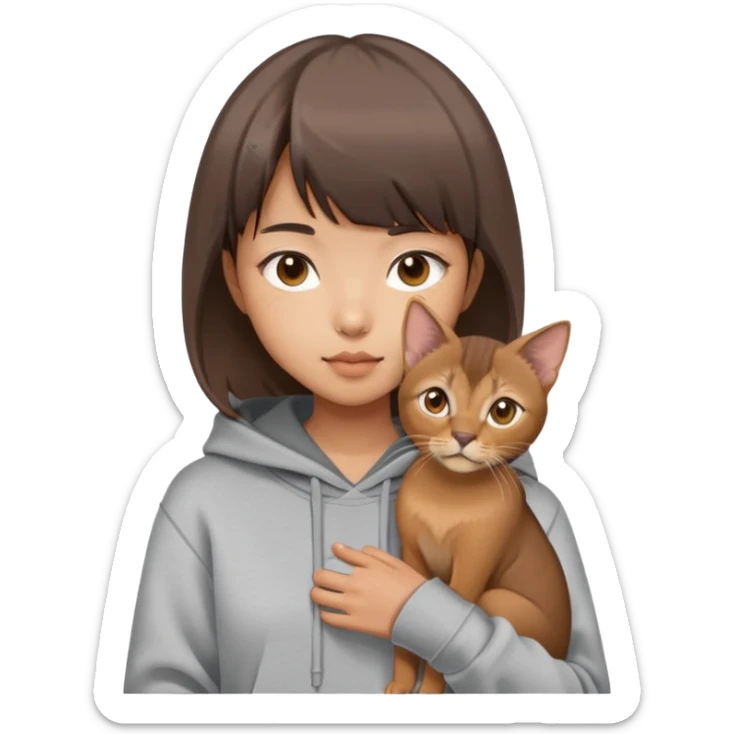 a asian girl with short brown hair and bangs holding an Abyssinian cat， wearing grey hoodie sticker