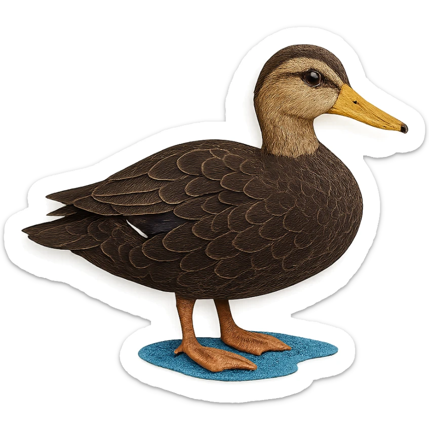 very detailed American Black Duck in paper craft style, intricate cut paper textures, dark brown feathers, lighter face, realistic markings, standing near water sticker