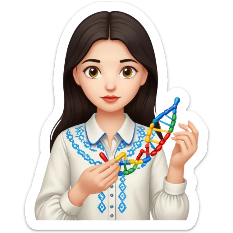 Ukrainian girl with dark hair in an embroidered traditional shirt holds a DNA molecule in her hand sticker