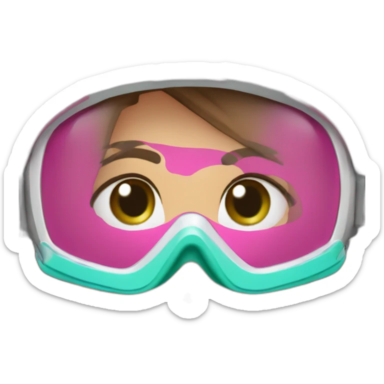 woman large brown and straight hair, pink diving mask with a single crystal, green anda blue eyes, scubadiving gear sticker