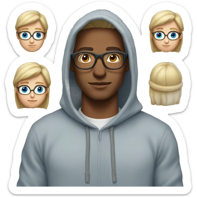 blond man, wide glasses for vision, long hair back, blue eyes, gray hoodie, gray cap sticker