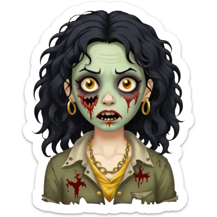 Create a zombie woman with voluminous wavy hair and a gold nose piercing. sticker