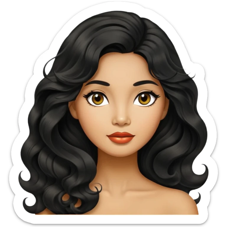 Alluring 1960's thai olive skin shiny long black wavy textured tousled hair sticker