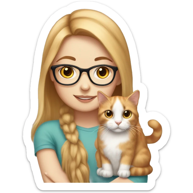 White skin strawberry-blonde haired girl with glasses holding long-haired calico cat sticker