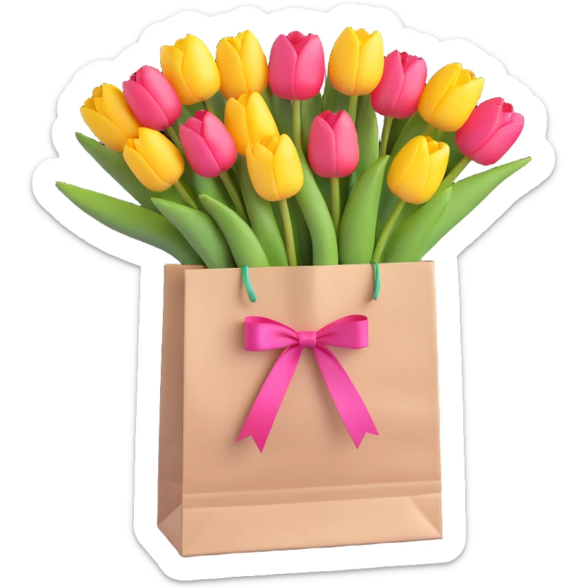 a white paper bag filled with pastel pink tulips, tied with a pink ribbon, soft pastel colors, smooth shadows, simple and minimalistic, 3D iOS emoji style sticker
