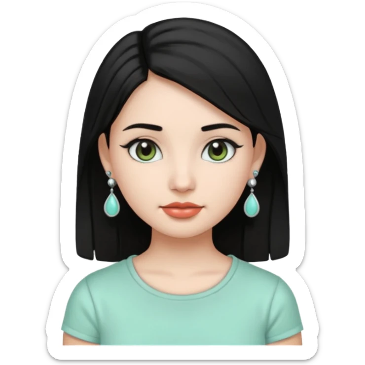 A girl emoji wearing  silver colour jhumka and light mint green colour tshirt with dark black hair sticker