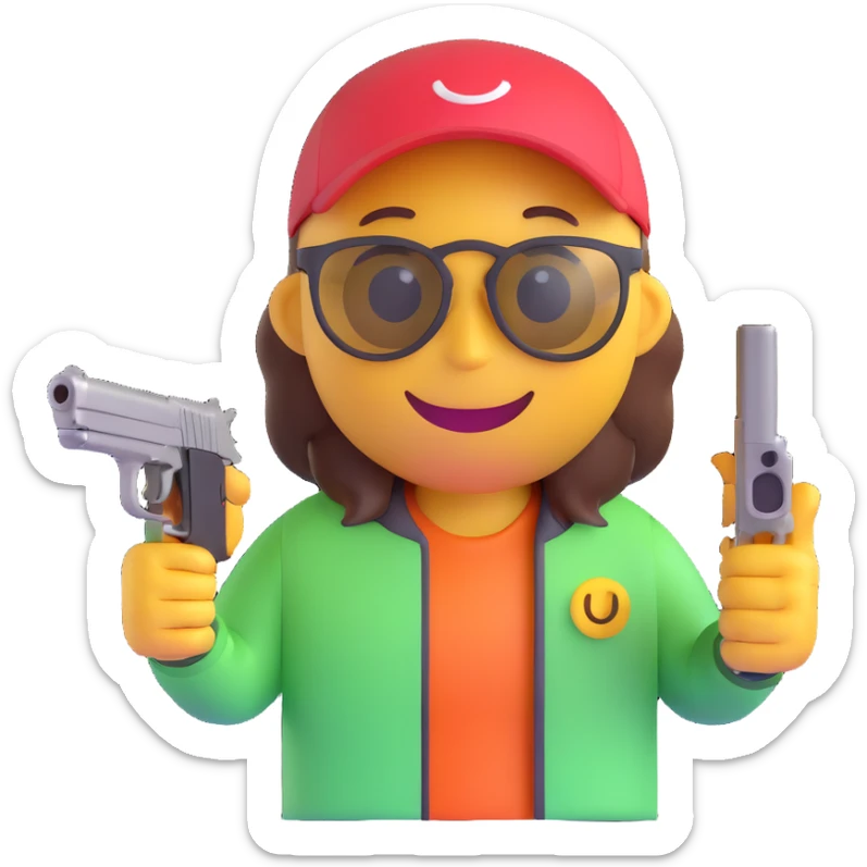 3D smiley emoji, round shape, wearing sport shooting glasses, holding pistol, sporty face, transparent background (sport shooting) sticker